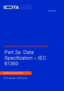 Das Bild präsentiert das Cover eines IDTA-Dokuments, welches den folgenden Titel trägt: „Specification of the Asset Administration Shell. Part 3a: Data Specification – IEC 61360“. Ein orangenes Banner macht deutlich, dass der Text erst jüngst öffentlich gemacht wurde (im April 2023).